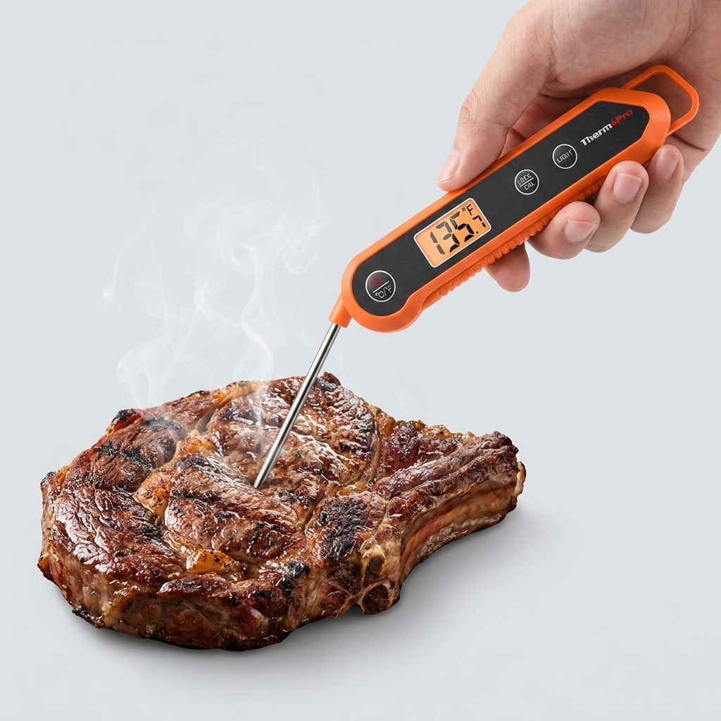 Instant-read meat thermometer checking a grilled steak
