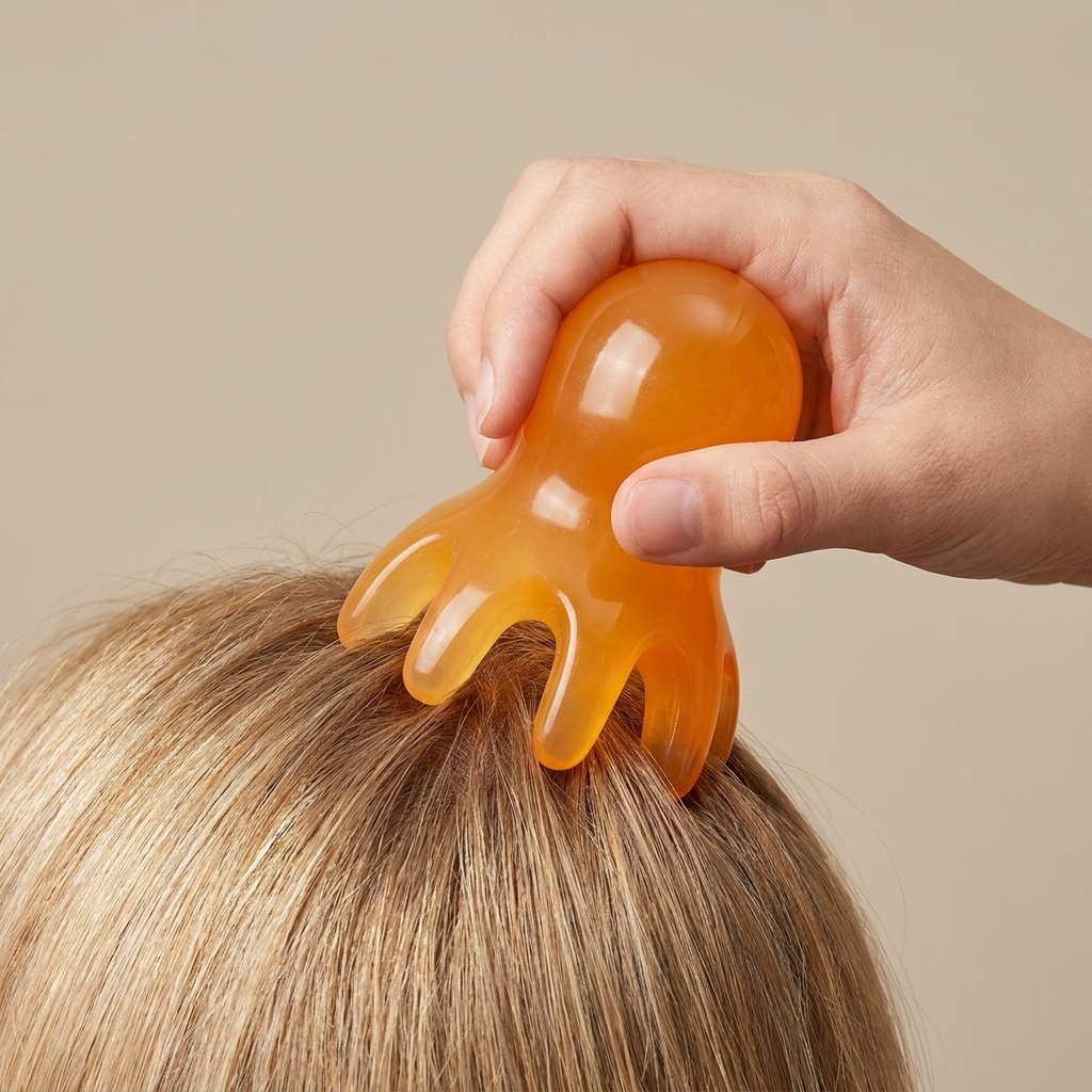 Silicone octopus-shaped scalp massager comb being used on hair