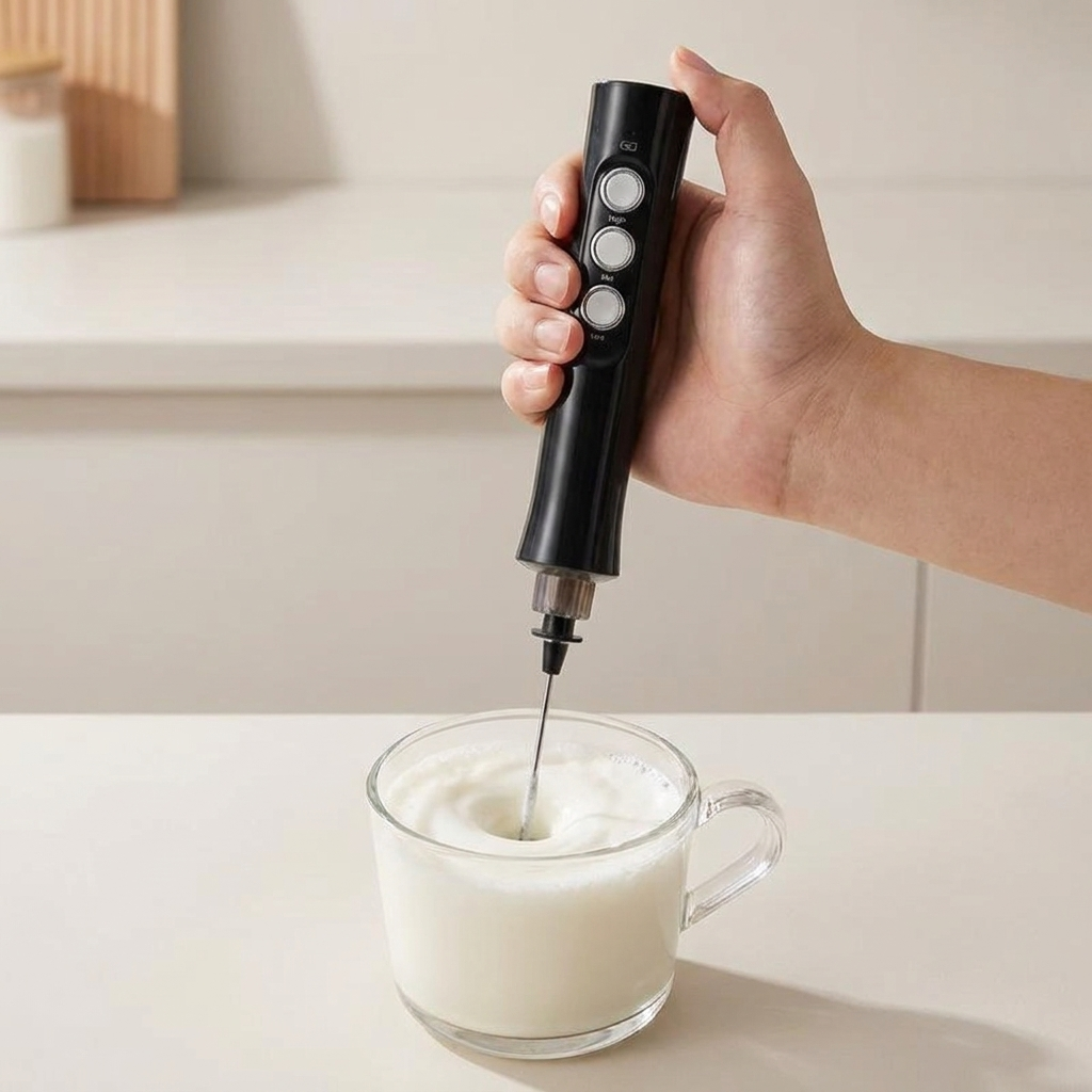 Rechargeable Milk Frother whisking milk in a glass cup