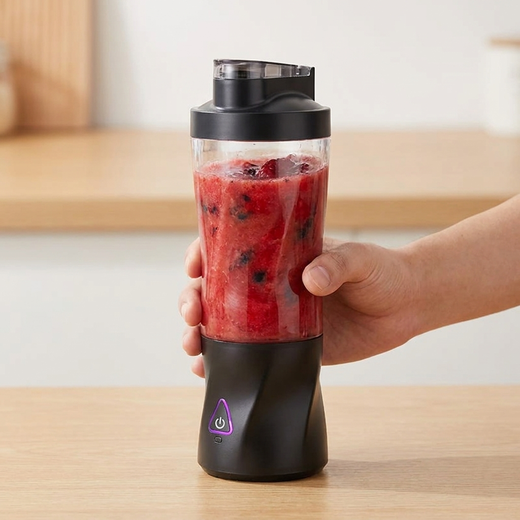 Portable Rechargeable Blender held in hand with fresh berry smoothie