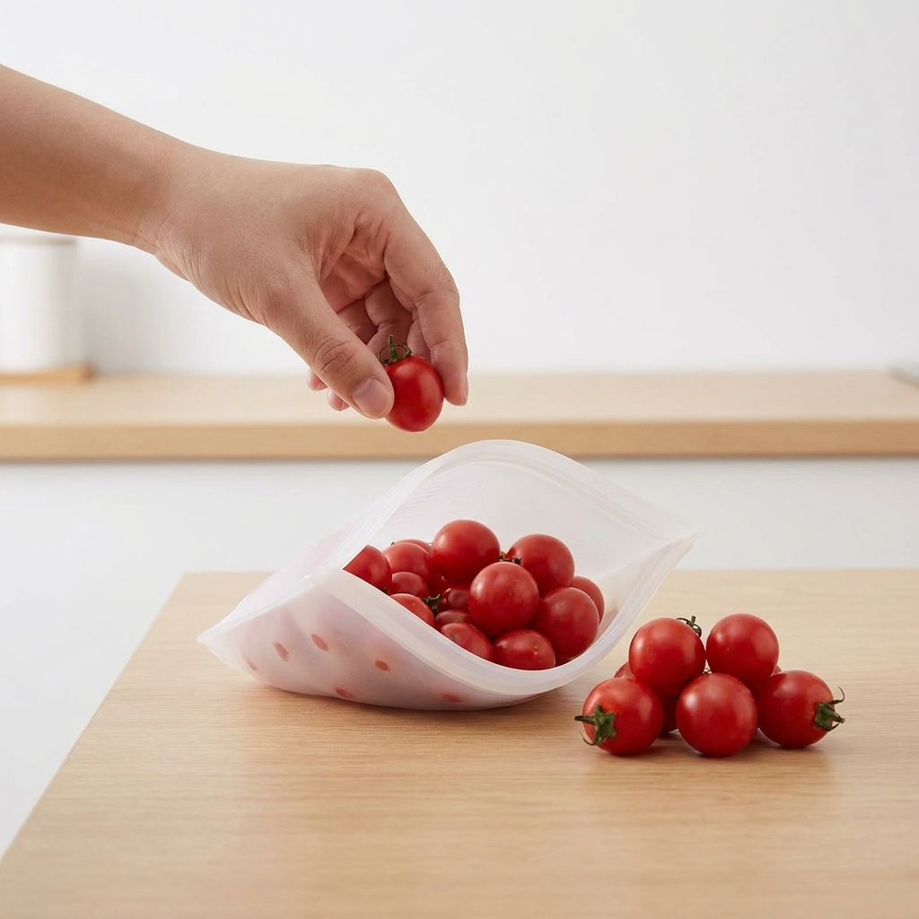 Reusable silicone food storage bag filled with cherry tomatoes