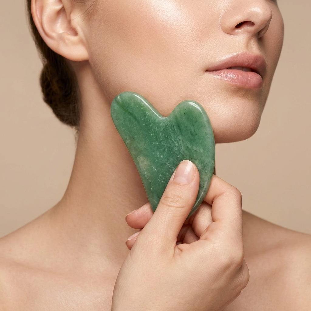 Gua Sha facial tool being used on jawline