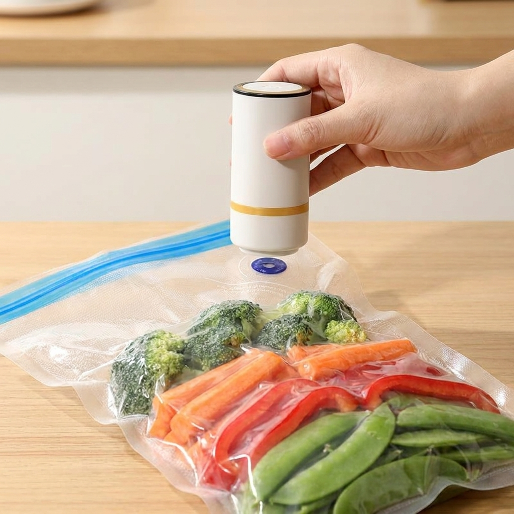 Compact Vacuum Sealer sealing fresh vegetables in a bag