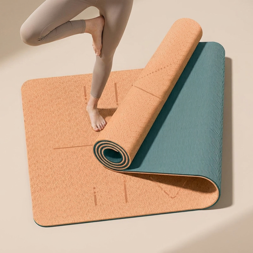 Non-slip eco-friendly yoga mat rolled out on the floor