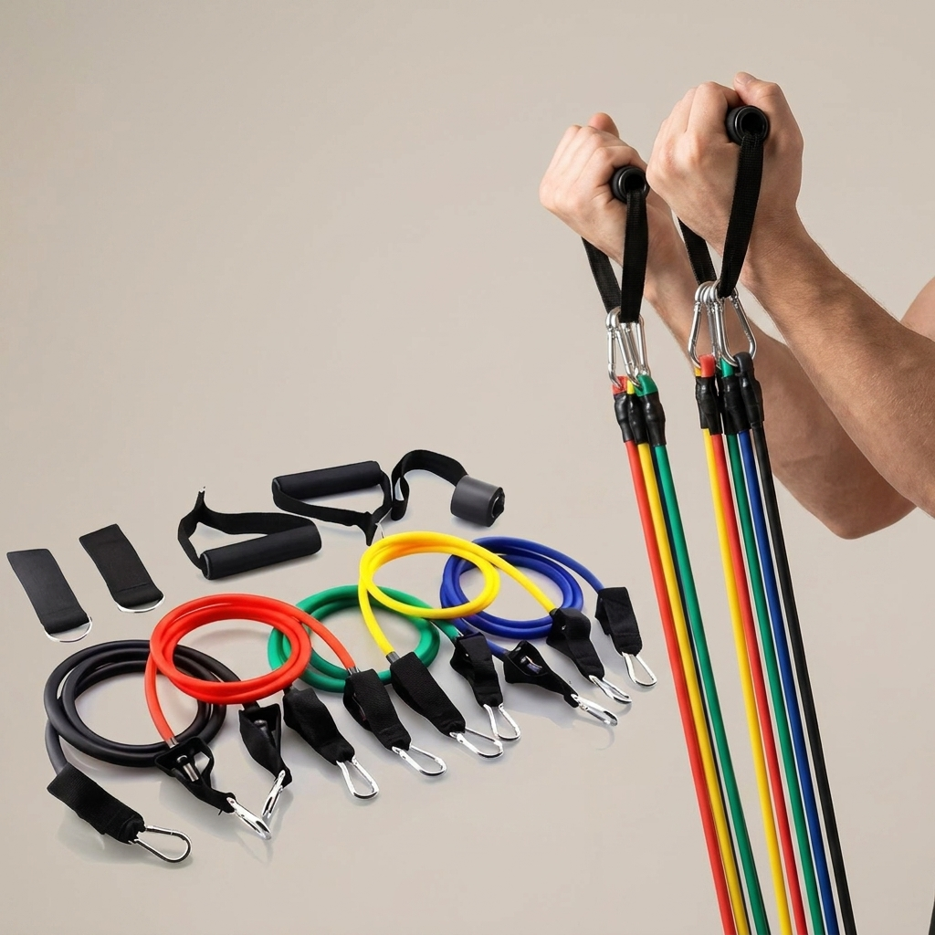 11-Piece Resistance Bands Set laid out with handles attached